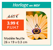Horloge en MDF - Modèle feuille - 26 x 19 x 0.3 cm - 3.99 € H.T. au lieu de 4.65 €