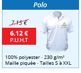 Polo - 100% polyester - 230 g/m² - Maille piquée - Tailles S à XXL - 6.12 € H.T. au lieu de 7.15 €