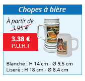 Chopes à bière : Blanche : H 14 cm - Ø 9,5 cm - Liseré : H 18 cm - Ø 8.4 cm - À partir de 3.38 € H.T. au lieu de 3.95 €