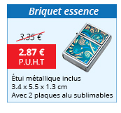 Briquet essence - Étui métallique inclus - 3.4 x 5.5 x 1.3 cm - Avec 2 plaques alu sublimables - 2.87 € H.T. au lieu de 3.35 €