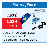 Souris filaire - Avec fil - Optique à LED - Branchement USB - 2 couleurs : noir et blanc - 6.02 € H.T. au lieu de 7.50 €