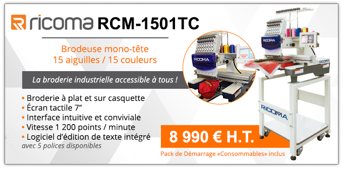 Ricoma RCM-1501TC - Brodeuse mono-tête 15 aiguilles / 15 couleurs - La broderie industrielle accessible à tous ! • Broderie à plat et sur casquette • Écran tactile 7’’ • Interface intuitive et conviviale • Vitesse 1 200 points / minute • Logiciel d’édition de texte intégré avec 5 polices disponibles - 8 990 € H.T. Pack de démarrage 'Consommables'inclus