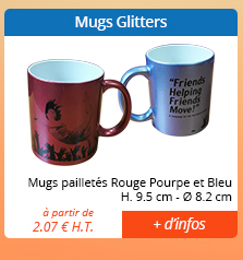 Mugs Glitters - Mugs pailletés Rouge Pourpe et Bleu - H. 9.5 cm - Ø 8.2 cm - à partir de 2.07 € H.T. = + d'infos