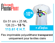 PromaPrint Clear PU : Flex imprimable PU transparent. Convient uniquement aux textiles clairs. En rouleau de 51 cm x 25 ML : 126.23 -10% = 113.61 H.T. | + d'infos ici !