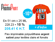 PromaPrint Silver : Flex imprimable PU argent et satiné. Convient aux textiles clairs et foncés. En rouleau de 51 cm x 25 ML : 228.23 -10% = 205.41 € H.T. | + d'infos ici !