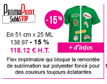 PromaPrint SubliStop : Flex imprimable PU blanc qui bloque la remontée de sublimation sur polyester foncé pour des couleurs toujours éclatantes. En rouleau de 51 cm x 25 ML : 138.97 -15% = 118.12 H.T. | + d'infos ici !