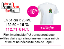 PromaPrint Clear One Step : Flex imprimable PU transparent pour textiles clairs qui s'imprime en image miroir et ne nécessite pas de Tape. En rouleau de 51 cm x 25 ML : 132.60 -15% = 112.71 € H.T. | + d'infos ici !