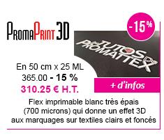 PromaPrint 3D : Flex imprimable PU blanc très épais (700 microns) qui donne un effet 3D aux marquages sur textiles clairs et foncés. En rouleau de 50 cm x 25 ML : 365.00 -15% = 310.25 H.T. | + d'infos ici !