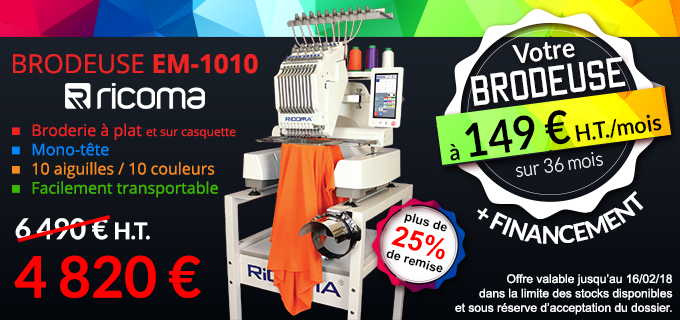 Brodeuse EM-1010 Ricoma - Broderie à plat et sur casquette - Mono-tête - 10 aiguilles / 10 couleurs - Facilement transportable - 4 820 € au lieu de 6 490 € H.T. soit plus de 25% de remise + financement : votre brodeuse à 149 € H.T. par mois sur 36 mois - Offre valable jusqu’au 16/02/18 dans la limite des stocks disponibles et sous réserve d’acceptation du dossier.