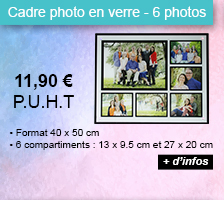 Cadre photo en verre - 6 photos - 11.90 € P.U.H.T. - Format 40 x 50 cm, 6 compartiments : 13 x 9.5 cm et 27 x 20 cm - + d'infos