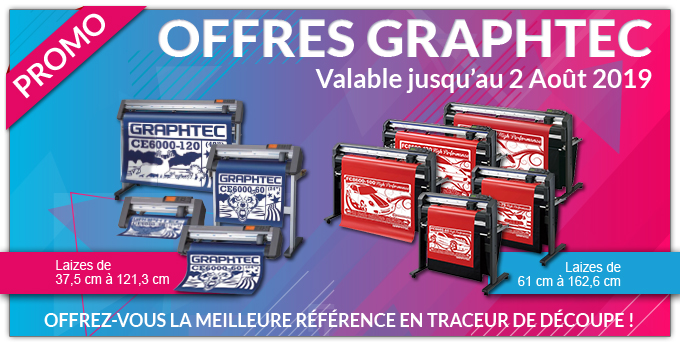 Promo : Offres Graphtec, 15% de remise - valable jusqu'au 16 novembre 2018 - Laizes de 37,5 à 121,3 cm (CE 6000) - Laizes de 61 cm à 162,6 cm (FC 8600) - Offrez-vous la meilleure référence en traceur de découpe !