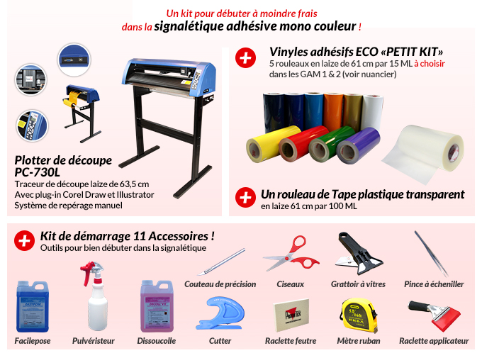 Un kit pour débuter à moindre frais dans la signalétique adhésive mono couleur ! Le pack contient : Plotter de découpe PC-730L (Traceur de découpe laize de 63,5 cm avec plug-in Corel Draw et Illustrator et système de repérage manuel) + Vinyles adhésifs ECO «PETIT KIT» (5 rouleaux en laize de 61 cm par 15 ML à choisir dans les GAM 1 & 2 (voir nuancier)) + Un rouleau de Tape plastique transparent en laize 61 cm par 100 ML + Kit de démarrage 11 Accessoires ! Outils pour bien débuter dans la signalétique : Facilepose, Pulvérisateur, Dissoucolle, Cutter, Raclette en feutre, Mètre ruban, Raclette applicateur, Couteau de précision, Ciseaux, Grattoir à vitre, Pince à écheniller!