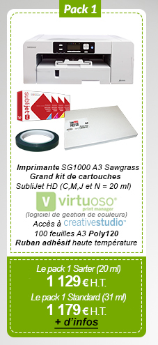 Pack 1 : Imprimante A3 SG800 Sawgrass + Kit de cartouches SubliJet HD (N=75ml, C, M, J=68ml) + Câble USB et Clé USB + PowerDriver (logiciel de gestion de couleurs) + Accès à CreativeStudio + 100 feuilles A3 Poly120 + Ruban adhésif haute température - Le pack 1 : 1 249 € H.T. au lieu de 1 370,50 €