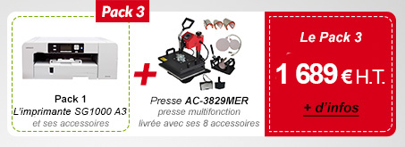 Pack 3 : Pack 1 (L’imprimante SG800 A3 et ses accessoires) + Presse Presse AC-3829MER presse multifonction livrée avec ses 8 accessoires - 1 689 € H.T. au lieu de 1 762,40 €