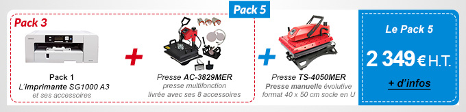 Pack 5 : Pack 3 (L’imprimante SG800 A3 et ses accessoires + Presse Presse AC-3829MER presse multifonction livrée avec ses 8 accessoires) + Presse TS-4050MER Presse manuelle évolutive format 40 x 50 socle en U  - 2 349 € H.T. au lieu de 2 472,40 €
