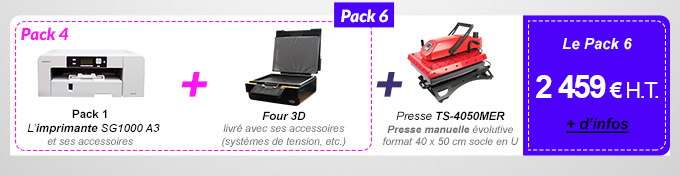 Pack 6 : Pack 4 (L’imprimante SG800 A3 et ses accessoires + Four 3D livré avec ses accessoires) + Presse TS-4050MER Presse manuelle évolutive format 40 x 50 socle en U - 2 459 € H.T. au lieu de 2 663,40 €