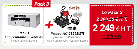 Pack 3 : Pack 1 (L’imprimante SG800 A3 et ses accessoires) + Presse Presse AC-3829MER presse multifonction livrée avec ses 8 accessoires - 2 249 € H.T. au lieu de 2 360,50 €