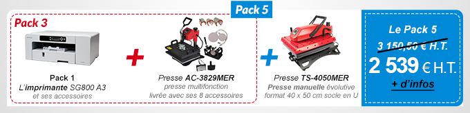 Pack 5 : Pack 3 (L’imprimante SG800 A3 et ses accessoires + Presse Presse AC-3829MER presse multifonction livrée avec ses 8 accessoires) + Presse TS-4050MER Presse manuelle évolutive format 40 x 50 socle en U  - 2 539 € H.T. au lieu de 3 150,50 €