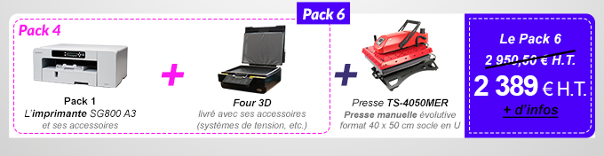Pack 6 : Pack 4 (L’imprimante SG800 A3 et ses accessoires + Four 3D livré avec ses accessoires) + Presse TS-4050MER Presse manuelle évolutive format 40 x 50 socle en U - 2 389 € H.T. au lieu de 2 950,50 €
