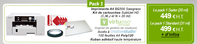 Pack 1 : Imprimante A4 SG400 Sawgrass + Kit de cartouches SubliJet HD (N=42ml, C, M, J=29ml) + Câble USB et Clé USB + PowerDriver (logiciel de gestion de couleurs) + Accès à CreativeStudio + 100 feuilles A4 Poly120 + Ruban adhésif haute température - Le pack 1 : 475 € H.T. au lieu de 489,50 €