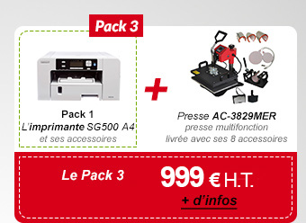 Pack 3 : Pack 1 (L’imprimante SG400 A4 et ses accessoires) + Presse Presse AC-3829MER presse multifonction livrée avec ses 8 accessoires - 1 269 € H.T. au lieu de 1 479,50 €