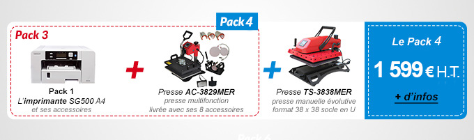 Pack 5 : Pack 3 (L’imprimante SG400 A4 et ses accessoires + Presse Presse AC-3829MER presse multifonction livrée avec ses 8 accessoires) + Presse TS-3838MER Presse manuelle évolutive format 38 x 38 socle en U  - 1 729 € H.T. au lieu de 2 069,50 €