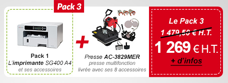 Pack 3 : Pack 1 (L’imprimante SG400 A4 et ses accessoires) + Presse Presse AC-3829MER presse multifonction livrée avec ses 8 accessoires - 1 269 € H.T. au lieu de 1 479,50 €