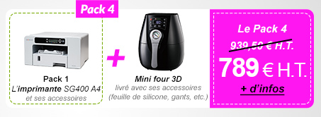 Pack 4 : Pack 1 (L’imprimante SG400 A4 et ses accessoires) + Mini four 3D livré avec ses accessoires (feuille de silicone, gants, etc.) - 789 € H.T. au lieu de 939,50 €