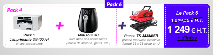 Pack 6 : Pack 4 (L’imprimante SG400 A4 et ses accessoires + Mini four 3D livré avec ses accessoires) + Presse TS-3838MER Presse manuelle évolutive format 38 x 38 socle en U - 1 249 € H.T. au lieu de 1 529,50 €